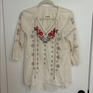 Johnny Was Cream Cotton Tunic with Colorful Embroidery and Three-Quarter Sleeves